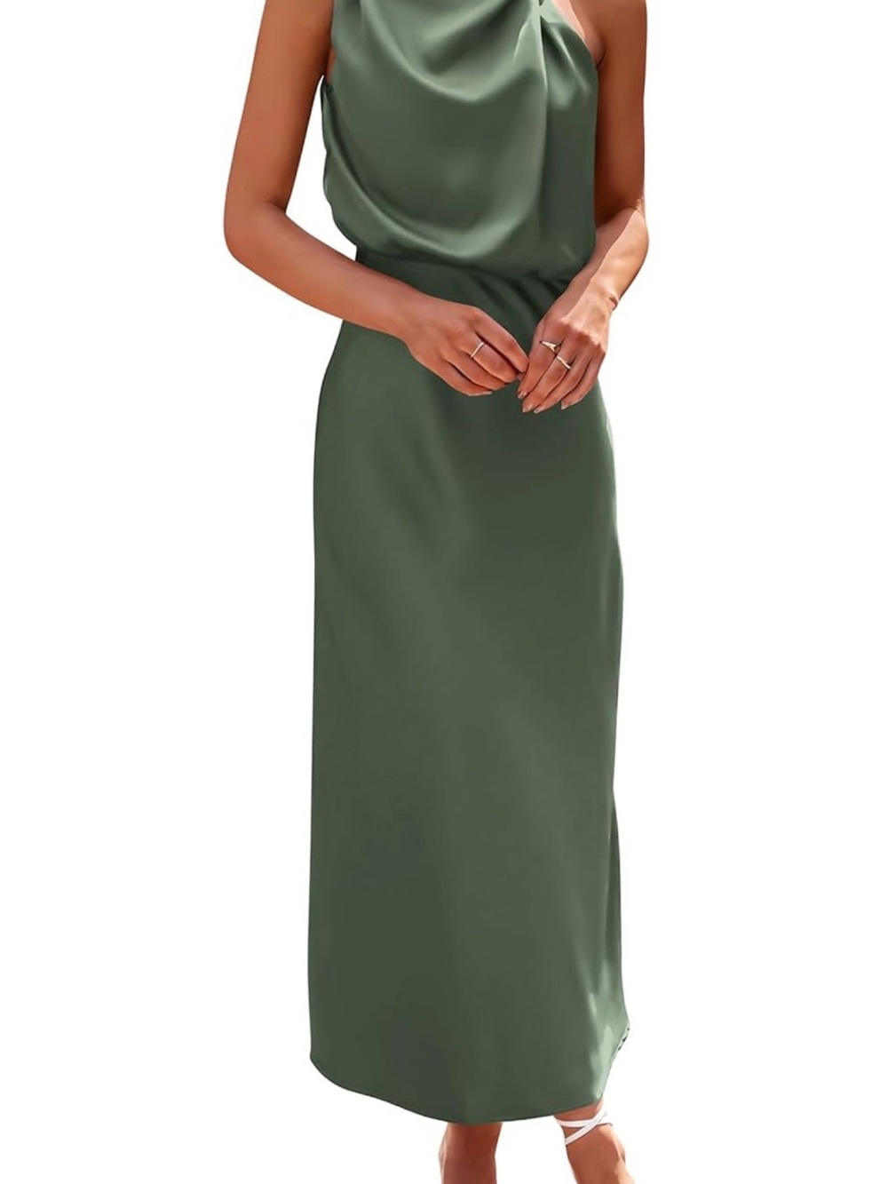 Satin Olive Green Cowl Neck Maxi Dress